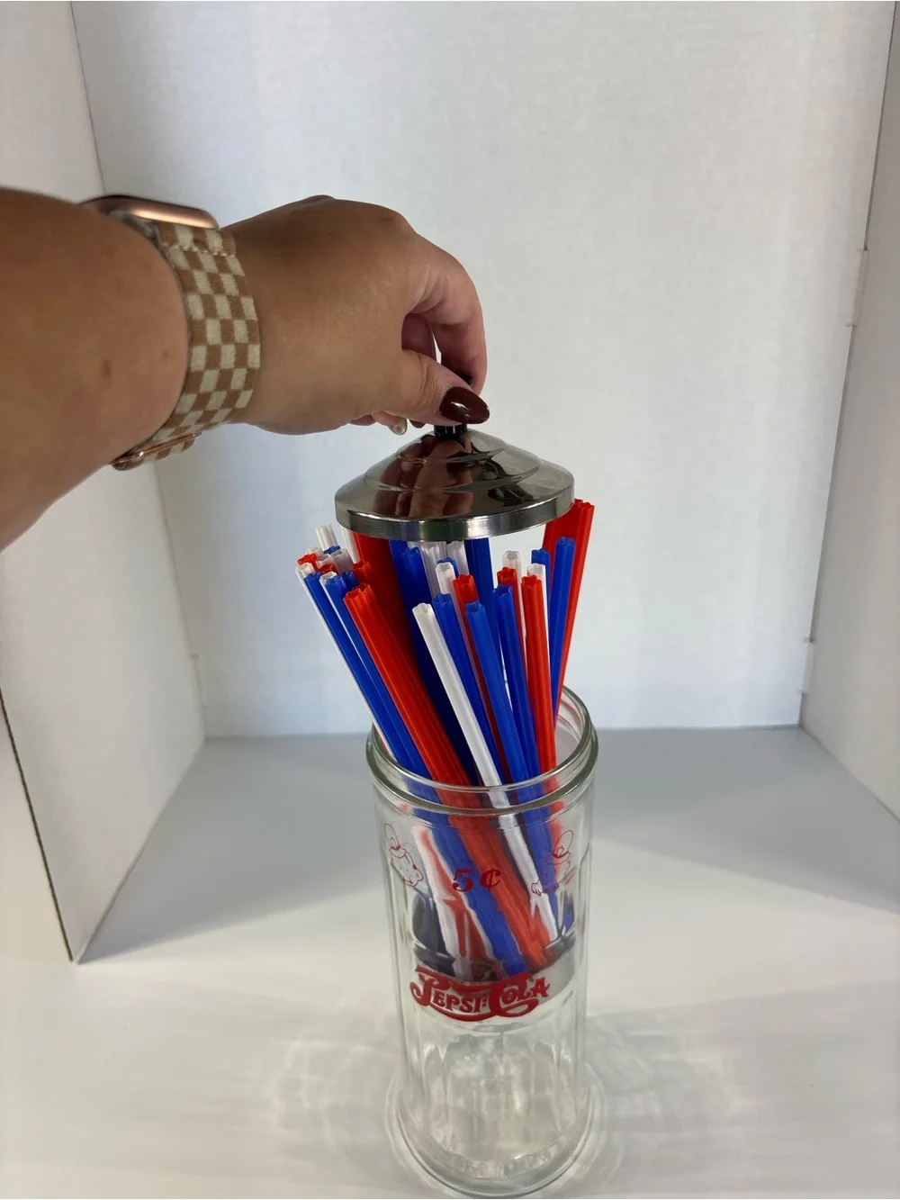 Vintage Pepsi Cola 5 Cents Soda Fountain Glass Straw Dispenser Holder